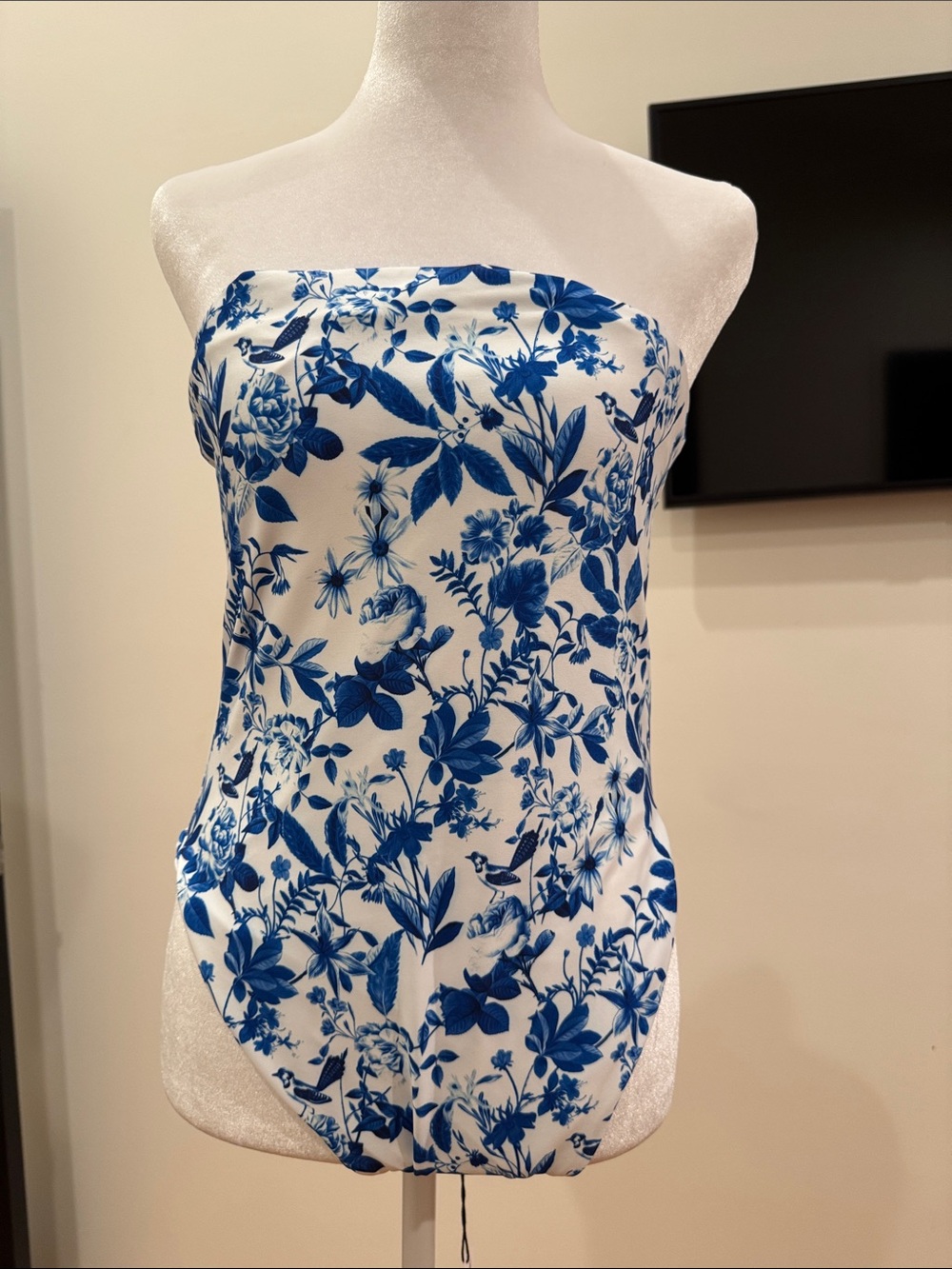 Skatie White and Blue Floral Strapless One-Piece Swimsuit